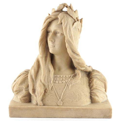31 - An Art Nouveau style sandstone head and shoulders bust of a young female with laurel wreath, 28cm hi... 