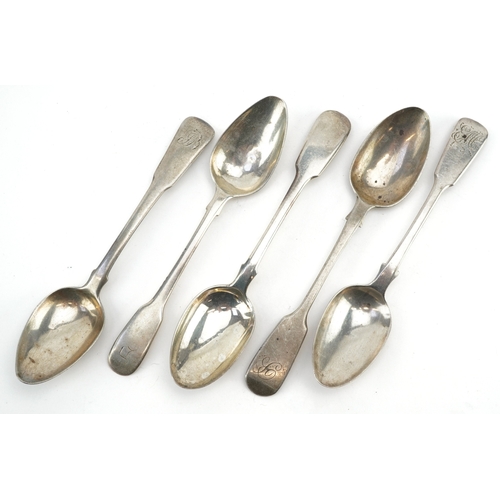 Five George III and later silver teaspoons, the largest 14cm in length ...