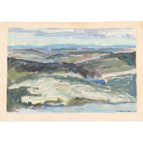 3516 - Extensive landscape, watercolour on paper, mounted on card, bearing a handwritten ink inscription Fr... 