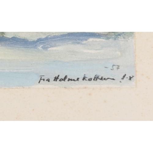 3516 - Extensive landscape, watercolour on paper, mounted on card, bearing a handwritten ink inscription Fr... 