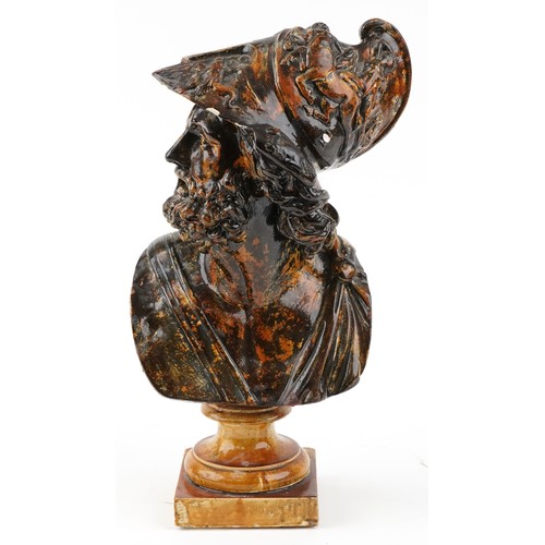 33 - A 20th century plaster bust of Ajax raised on a plinth base, 42cm high.