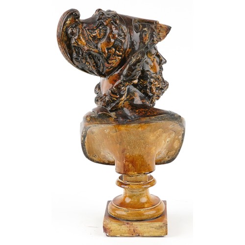 33 - A 20th century plaster bust of Ajax raised on a plinth base, 42cm high.