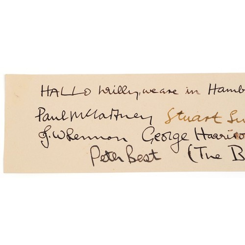 2222 - The Beatles ink signatures on paper - Hallo Willy, We are in Hamburg Paul McCartney, Stuart Sutcliff... 