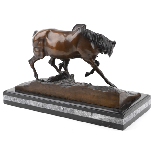 61 - After J. P. Mêne  - A bronze sculpture of a horse and foal, mounted on a black marble plinth base, s... 