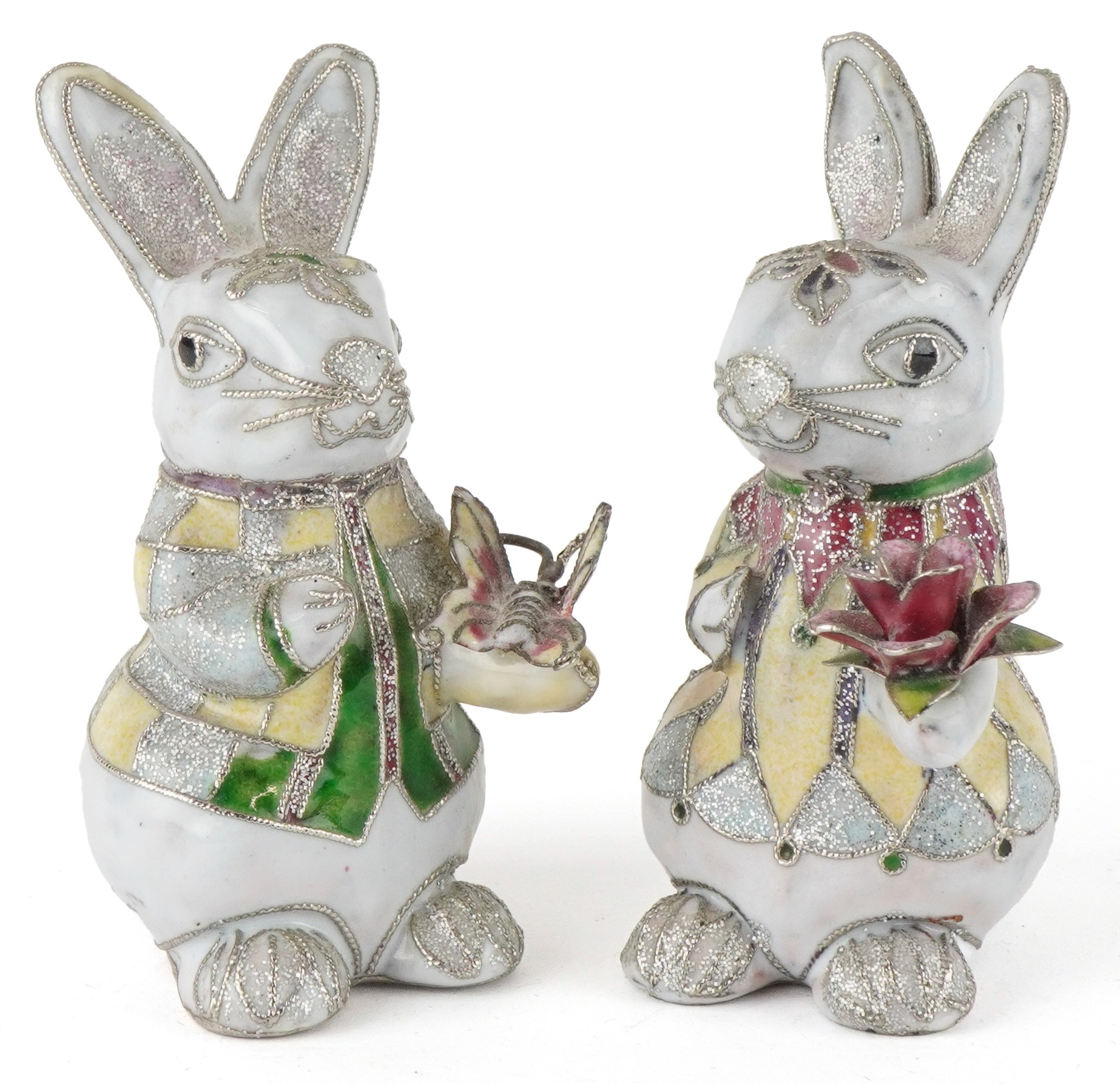 Two cloisonné rabbits decorated with glitter, each 9.5cm high.