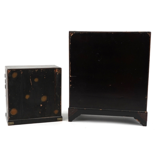 1414 - Two Japanese black lacquered table top chests hand painted and gilded with birds amongst flowers, ea... 