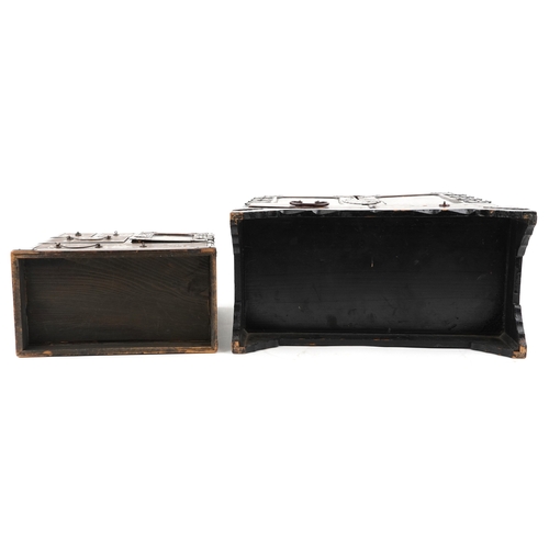 1414 - Two Japanese black lacquered table top chests hand painted and gilded with birds amongst flowers, ea... 