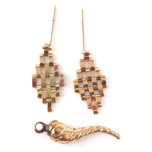 3225 - Unmarked gold jewellery comprising a Cornicello charm and a pair of drop earrings, the largest 2.0cm... 
