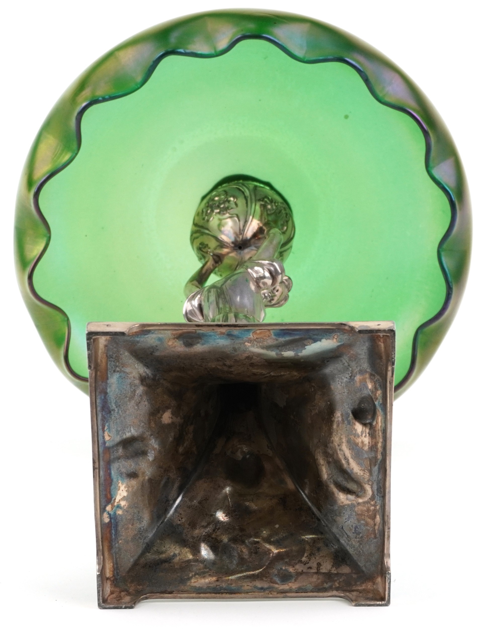 An Art Nouveau silver plated study of a female surmounted with a Loetz ...