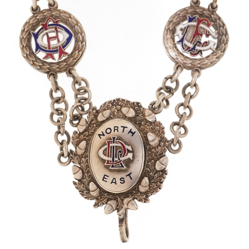 A white metal and enamel mayoral chain of office with enamelled lettering and North East inscription, 33cm in length.