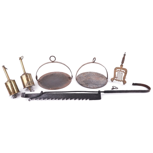 Antique fire tools including two brass spit jacks and a wrought iron ...