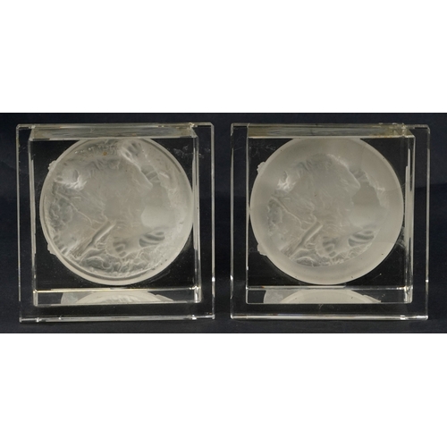 158 - After P. J. Mêne, two late 20th century frosted glass sculptures of seated dogs, signed, each mounte... 