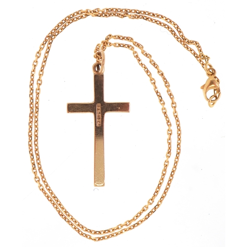 3016 - A 9ct gold engine turned cross pendant on an 18ct gold necklace, 2.9cm high and 40cm in length, the ... 