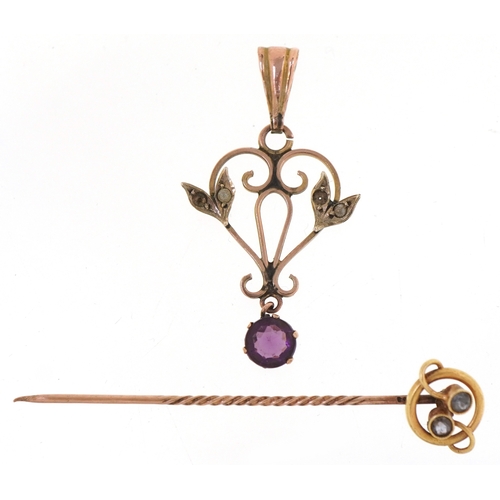 3169 - Antique gold jewellery comprising an unmarked Edwardian seed pearl and purple stone openwork pendant... 