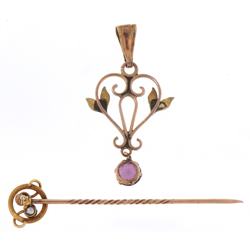 3169 - Antique gold jewellery comprising an unmarked Edwardian seed pearl and purple stone openwork pendant... 