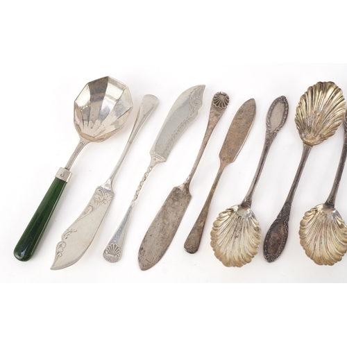 3566 - Victorian and later silver comprising cocktail forks with mother of pearl handles, butter knives and... 
