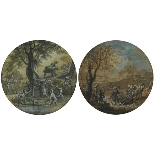 Ch . Develly - River Crossing, A pair of 19th century watercolour and pencil on paper, each framed and glazed, 14cm x 14cm.
