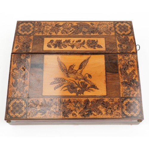 103 - A Victorian Tunbridge Ware writing slope decorated with a bird and flowers, the hinged lid revealing... 