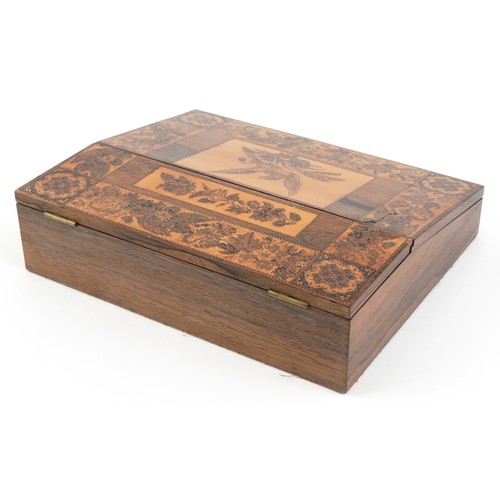 103 - A Victorian Tunbridge Ware writing slope decorated with a bird and flowers, the hinged lid revealing... 