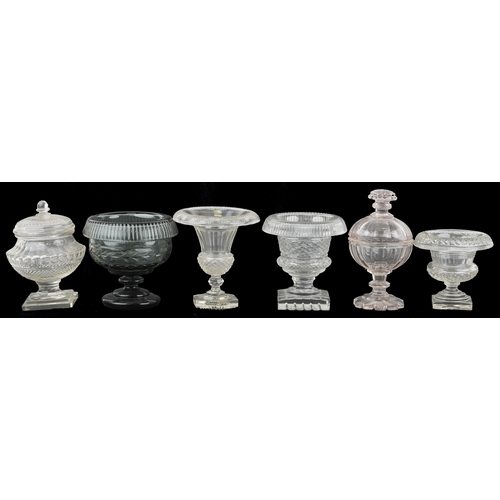 1697 - Six 19th century and later Irish sweetmeat glass urns, two with covers, including cut crystal exampl... 