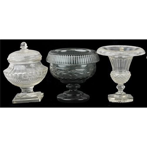 1697 - Six 19th century and later Irish sweetmeat glass urns, two with covers, including cut crystal exampl... 