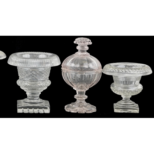1697 - Six 19th century and later Irish sweetmeat glass urns, two with covers, including cut crystal exampl... 