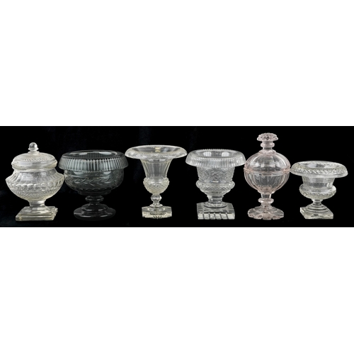 1697 - Six 19th century and later Irish sweetmeat glass urns, two with covers, including cut crystal exampl... 