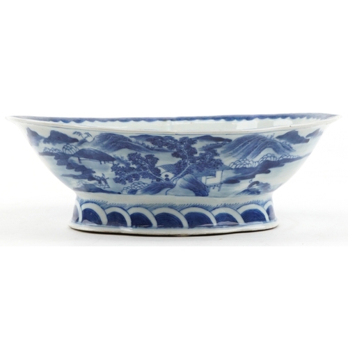 1450 - A Chinese blue and white porcelain footed dish hand painted with figures in a rural landscape, 8.5cm... 