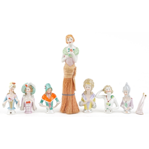 1791 - A collection of early 20th century continental porcelain half doll pincushions, mostly modelled as 1... 