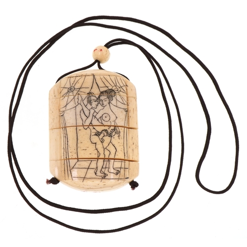 157 - A Japanese bone four section inro carved with an erotic couple and a crane, 5.5cm high.