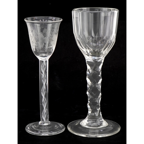 42 - An 18th century wine glass with air twist stem and etched floral decoration together with a facetted... 