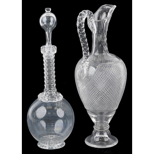 46 - Victorian glassware comprising a monogrammed decanter and wine ewer with twist handle, the largest 3... 
