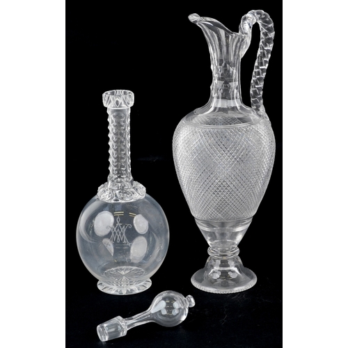 46 - Victorian glassware comprising a monogrammed decanter and wine ewer with twist handle, the largest 3... 