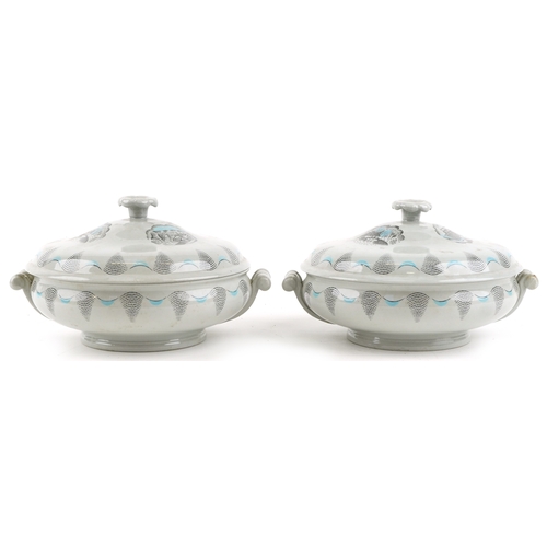  Eric Ravilious for Wedgwood, a pair of twin tureens and covers in the Travel pattern, 12cm high x 24... 