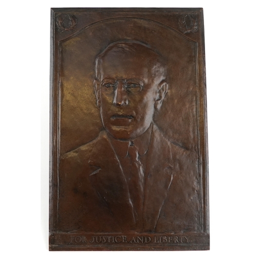 527 - An early 20th bronze century For Justice & Liberty plaque depicting Woodrow Wilson, cast by John Pol... 