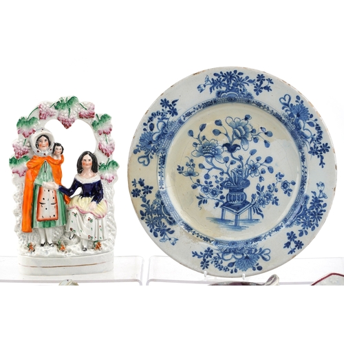 435 - Victorian porcelain including lustreware jugs and a Staffordshire flatback figure group, the largest... 