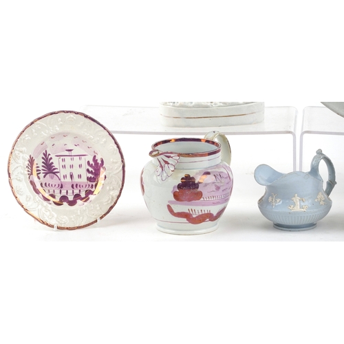 435 - Victorian porcelain including lustreware jugs and a Staffordshire flatback figure group, the largest... 