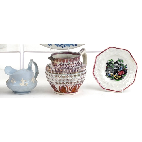 435 - Victorian porcelain including lustreware jugs and a Staffordshire flatback figure group, the largest... 