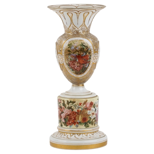  A 19th century enamelled glass vase hand painted with floral panels and a young female, raised on a ... 