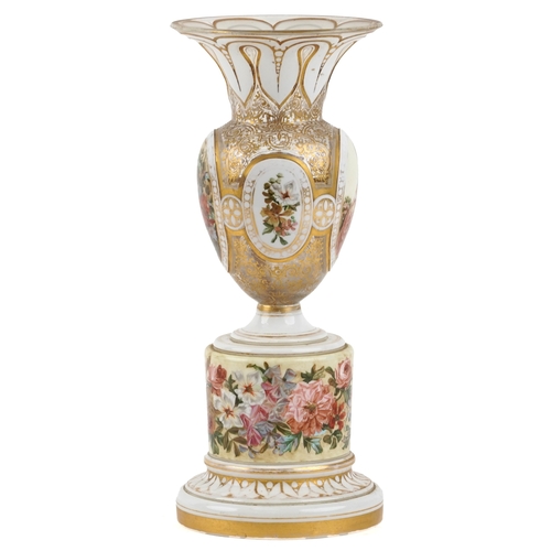  A 19th century enamelled glass vase hand painted with floral panels and a young female, raised on a ... 