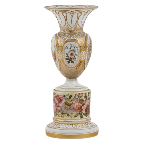  A 19th century enamelled glass vase hand painted with floral panels and a young female, raised on a ... 