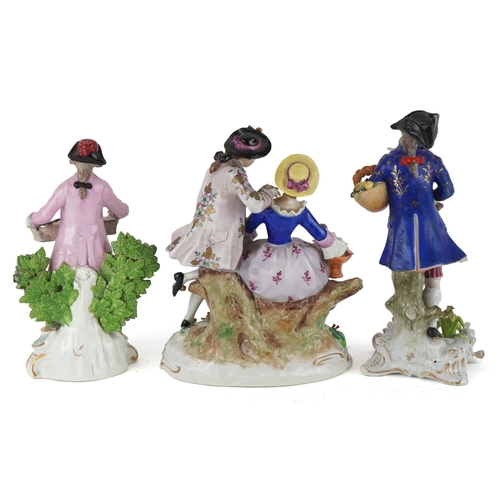 29 - Three continental hand painted porcelain figures including a Sitzendorf figure group of a courting c... 