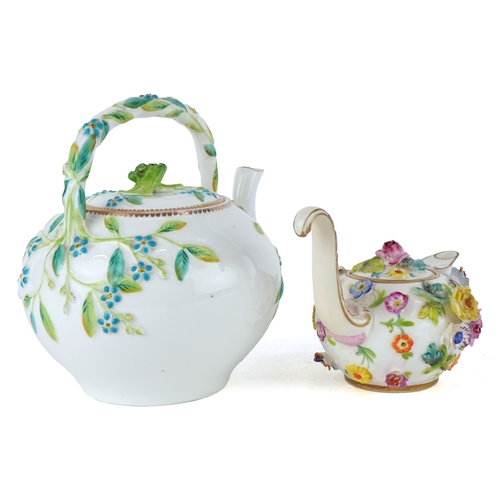 30 - Two 19th century porcelain teapots including a Meissen style example profusely decorated in relief w... 