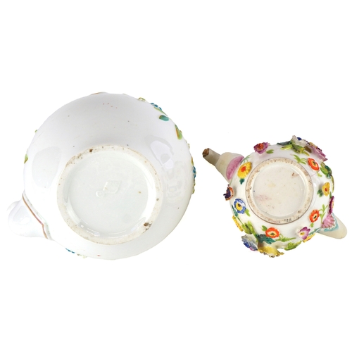 30 - Two 19th century porcelain teapots including a Meissen style example profusely decorated in relief w... 