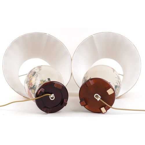 1537 - A pair of Chinese porcelain baluster vase table lamps hand painted with birds of paradise amongst fl... 