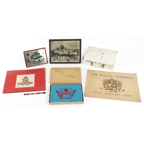 2770 - Militaria including a Royal Navy sweetheart pouch, first aid tin and Badges of HM Services book.