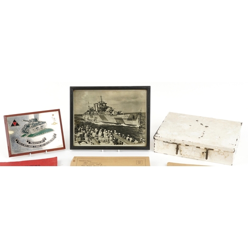 2770 - Militaria including a Royal Navy sweetheart pouch, first aid tin and Badges of HM Services book.