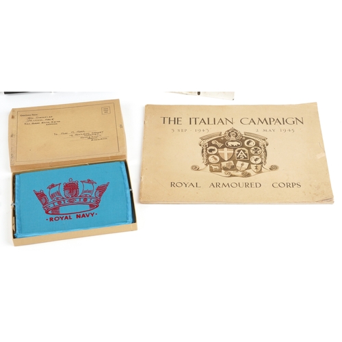 2770 - Militaria including a Royal Navy sweetheart pouch, first aid tin and Badges of HM Services book.