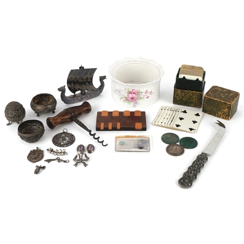 1476 - Antique and later sundry items including a whist marker, white metal open salts, corkscrew in the fo... 