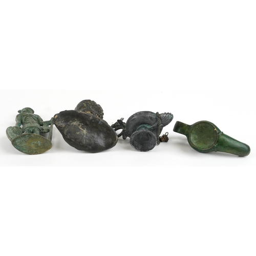 204 - Roman style artifacts including a bronze male bust and incense burners, the largest 14cm high.